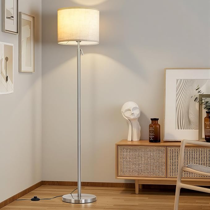 Modern Floor Lamp for Living Room and Bedroom- 55"-67" Height Adjustable Standing Lamps with Dimmable LED Bulb and Remote Control-Bright Tall Stand Light with Shade for Corner Lighting (Silver)