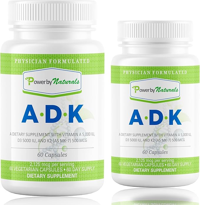 Power By Naturals Complément de Vitamines ADK – Mélange Hautement Dosé de Vitamines A, D3 5000 UI et K2 MK7 pour la Santé Osseuse – Complément de Vitamines A D K – 60 Gélules (2 Mois d'Approvisionnement)