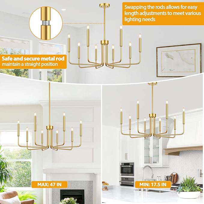 Lynnoland 8-Light Farmhouse Chandelier for Dining Room Lighting Fixtures Hanging, Gold Dining Light Fixtures Industrial Chandelier for Bedroom, Foyer, Hall, Kitchen, Living Room and Entryway