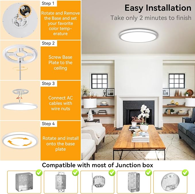 WKONCLDY 5CCT 3000k/3500K/4000K/5000k/6000k Selectable, Led Flush Mount Ceiling Light, 15.8 Inch 4800LM Round Modern Flat Panel,Super Slim for Living Dining Kitchen Bedroom Room