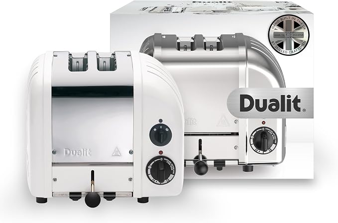 Dualit Classic 2 Slice NewGen Stainless Steel Toaster, White - Hand Built in the UK, Replaceable ProHeat® Elements – Slot Selector, Defrost Bread, Mechanical Timer-For Toast, Bagels & More