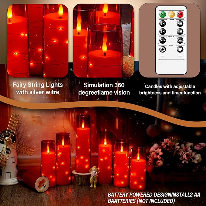 kakoya Flameless LED Candles with Timer 24 Pc Flickering Flameless Candles for Romantic Ambiance and Home Decoration Stable Acrylic Shell,with Embedded Star String,Battery Operated Candles(Red)