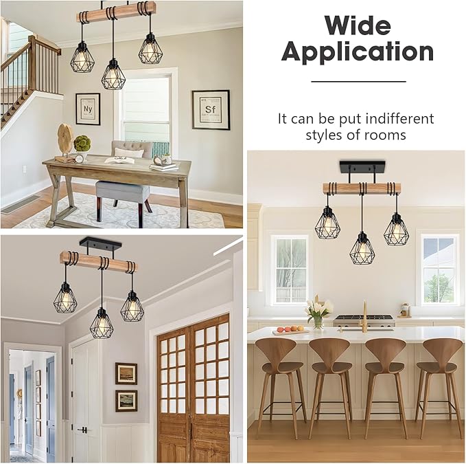 3-Lights Farmhouse Dining Room Pendant Light Fixtures Over Table, Rustic Solid Wood Kitchen Island Lighting Hanging with Metal Shades, Modern Black Ceiling Pendant Lamp for Living Room Hallway