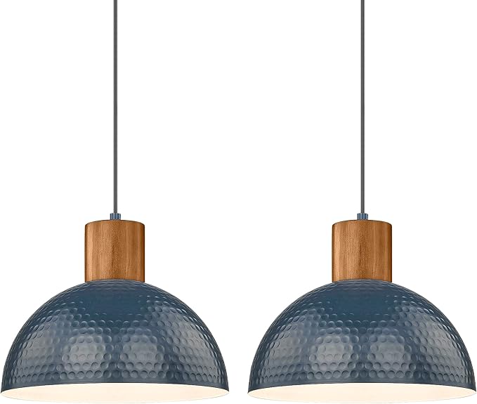 ELYONA Modern Hammered Pendant Light Fixtures with 12" Metal Shade Solid Wood Dome Hanging Pendant Light for Farmhouse Kitchen Island Dining Room Sink Bedroom Hallway Medium 2 Pack Blue