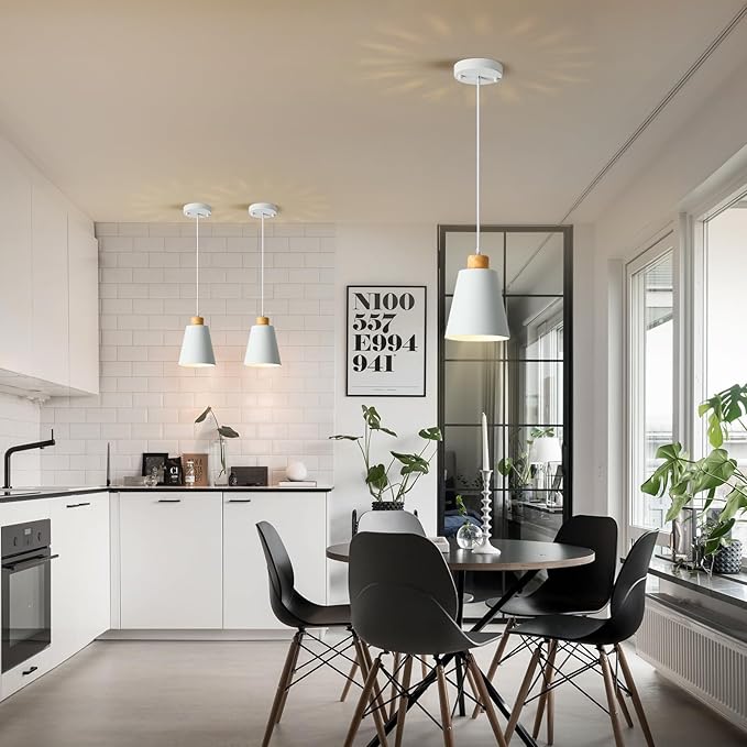Mini Pendant Light Fixtures White Wood Pendant Lighting for Kitchen Island 7.87in Cone Modern Ceiling Hanging Lights Hollow Shade Nordic Island Light for Counter, Bar, Hallway