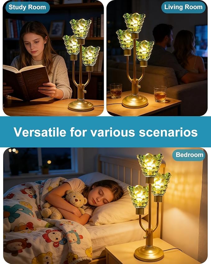 Mid Century Modern Vintage Table Lamp Dimmable Nightstand Lamp with Green Glass Gold Desk Lamp 3 Bulbs Included Warmwhite Ambient Bedside Lamps for Bedroom Living Room Office Home Decor