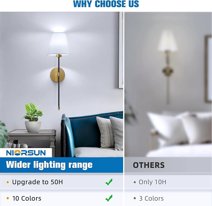 NIORSUN Battery Operated Wall Sconce Set of 2,Black-Gold Rechargeable Wall Lights with 10400mAh Dimmable Bulbs and Remote,10 Colors Wireless Wall Lamps for Bedroom Living Room Hallway Decor