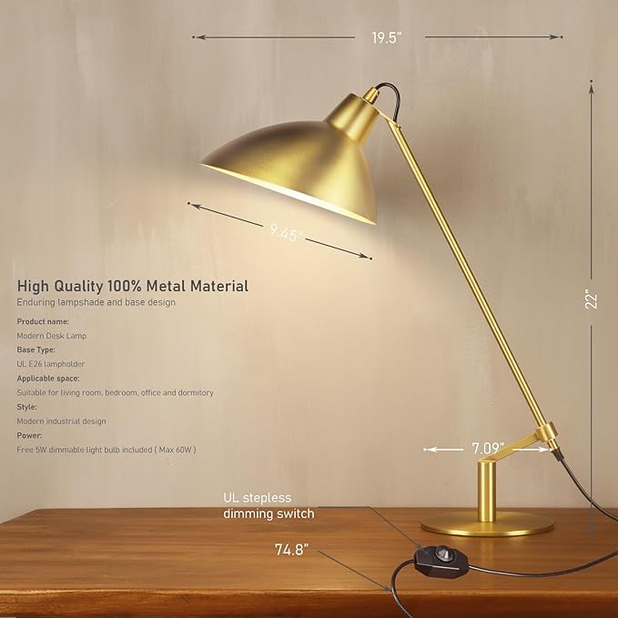 Desk Lamp Modern Industrial 100% Metal Adjustable Table Lamp 24", Natural Light (4000K) with Dimmer, Ideal for Office Bedroom Study Room Living Room Nightstand Bedside Lamps Brass