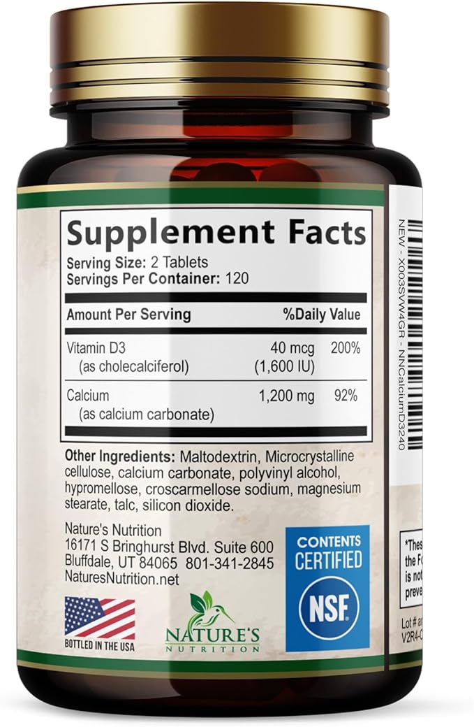 Calcium 1200 mg with Vitamin D3 - Per Serving - Bone Health Supplement - Vitamin D & Calcium Supplements for Women & Men - Bone Strength Support - Natural Calcium Pills - Bottled in USA - 240 Tablets