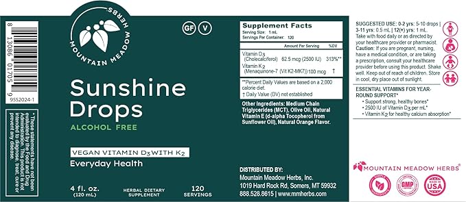 Mountain Meadow Herbs Sunshine Drops | Vegan Vitamin D3 Booster for Healthy Bones & Teeth | Ideal Winter Supplement | Tincture 4oz