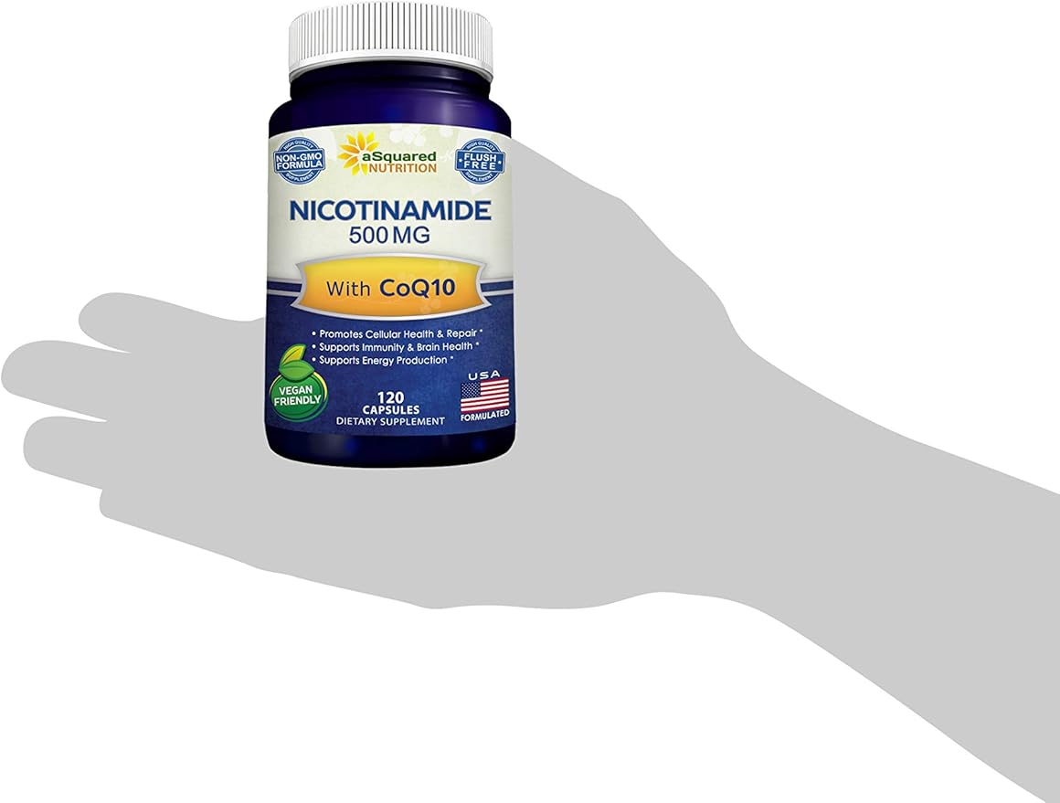 ニコチンアミド CoQ10配合 (120カプセル) - ビタミンB3 500mg (ナイアシンアミド フラッシュフリー) - コエンザイムQ10パウダー - エネルギー、NAD、皮膚細胞の健康をサポートするVIT B-3 & Coq 10 サプリメント錠剤