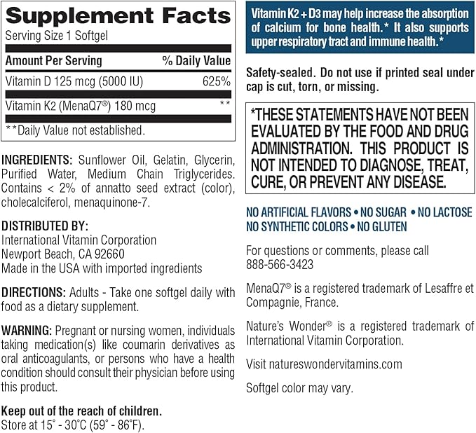 Nature's Wonder Vitamine K2 + D3 avec MenaQ7 pour la santé cardiovasculaire, cérébrale, osseuse et musculaire, 120 gélules, 120 jours d'approvisionnement