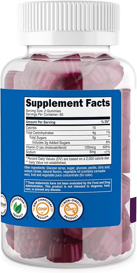 Nutricost Vitamine D3 Gommes 5 000 UI (125mcg), 120 Gommes - Saveur Baies Mélangées, 60 Portions