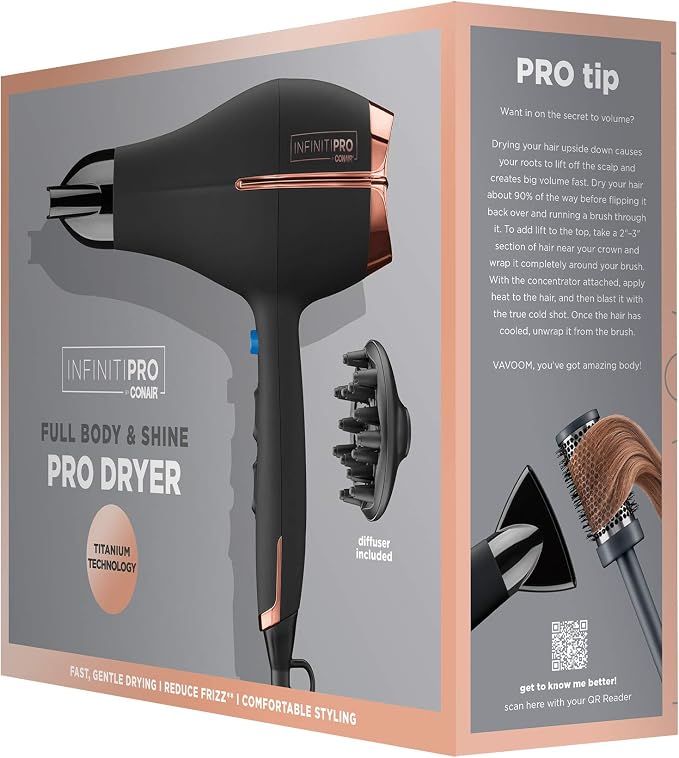 Infiniti PRO by CONAIR Hair Dryer,1875W Blow Dryer with Diffuser and Concentrator,Ceramic Technology,3 Heat & 2 Speed Settings,Cold Shot Button,Black,(Pack of 2)