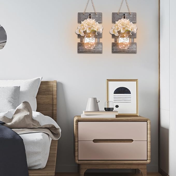 Anount Mason Jar Sconces,Besuerte Rustic Wall Decor Set of Two,LED String Lights for Modern Living Room, Home Decor Living Room Wall Art, 6 Hour Timer Set of 2 Grey (11.8" H x 7.1" W)