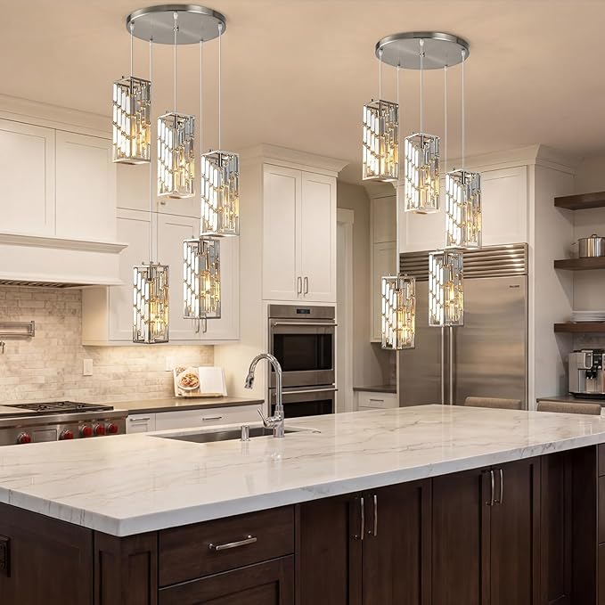 Brushed Nickel Pendant Lighting Modern Pendant Light, Mini Crystal Chandeliers,Adjustable Pendant Light Fixture for Kitchen Island Dinning Room Bedroom (5 Light)
