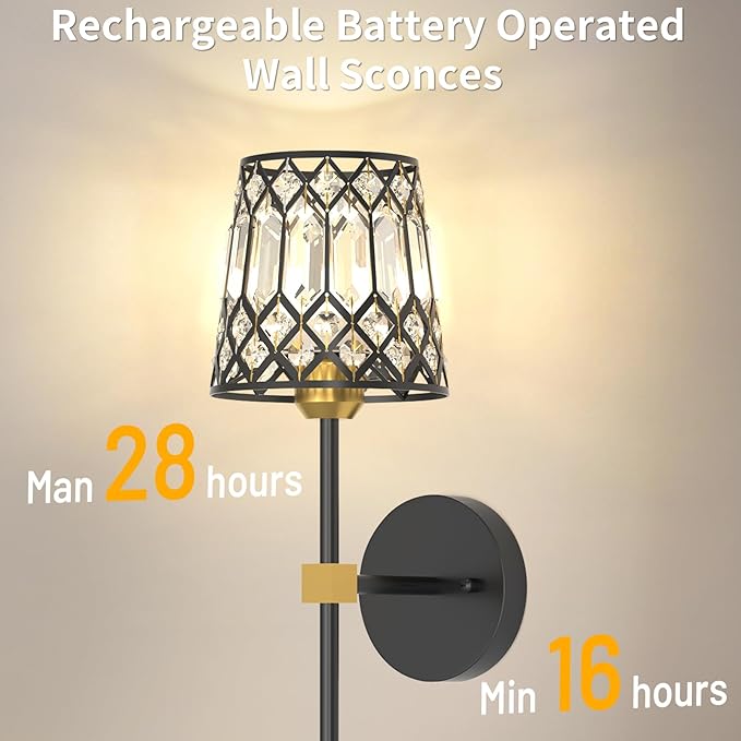Black and Gold Battery Operated Wall Sconces Set of 2, Crystal Rechargeable Wireless Wall Sconce Lights for Home Decor, Dimmable 12 RGB and 3CCT Wall Lamps with Remote for Living Room Bedroom Hallway