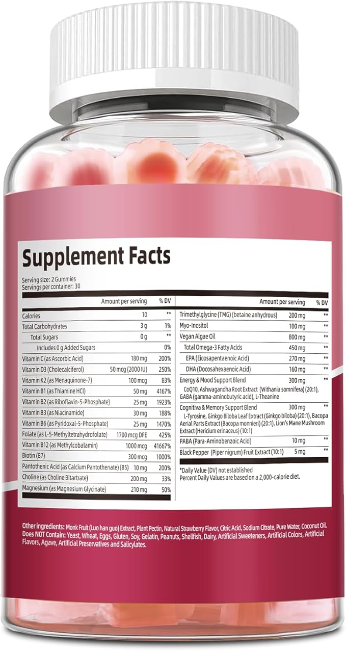 Gummies sans sucre complexe de vitamine B méthylée - Toutes les vitamines B + vitamine C D3 K2 Ashwagandha Magnésium Oméga 3 CoQ10 pour femmes et hommes - Méthylvitamine B12, méthylfolate, B1, B2, B3, B5, B6, B7 B9
