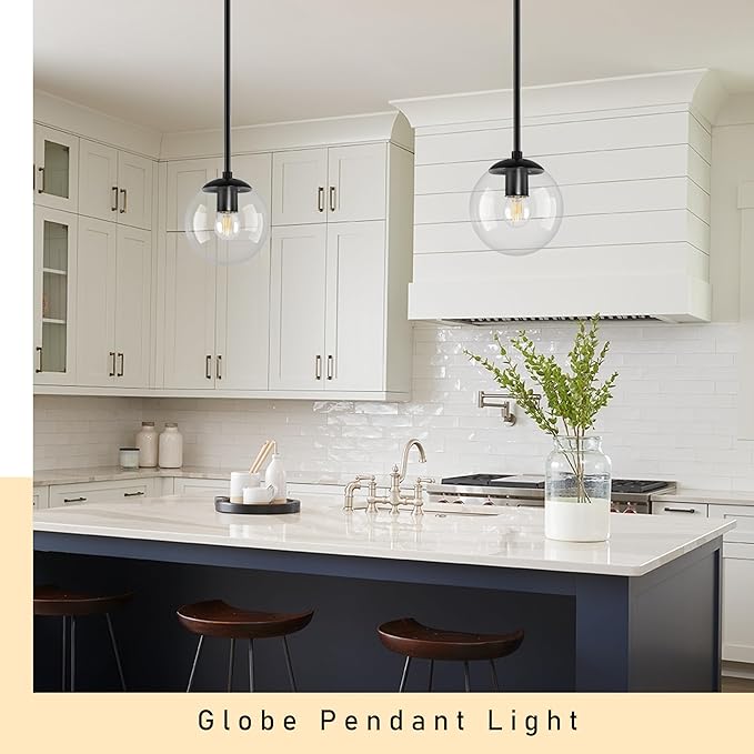 Bagood 6" Globe Pendant Light Black 2 Pack Mid Century Pendant Light Globe Pendant Lights Kitchen Island Matte Black Finished with Clear Glass Adjustable Ceiling Light Fixtures for Dining Room Bar