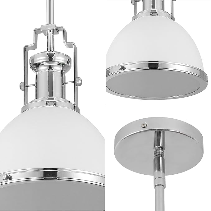 JONATHAN Y 10" Chrome/White Modern Industrial Iron LED Dome Pendant Light, Adjustable Hanging Fixture for Kitchen Island or Entryway, White Metal Shade, LED Bulb Included (JYL9535C)