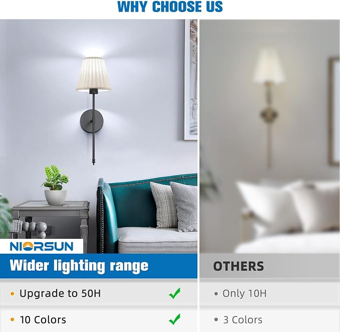 NIORSUN 19.9 inch Battery Operated Wall Sconce Set of 2,Beige Black Rechargeable Wall Lights with 5200mAh Dimmable Bulbs and Remote,9 Colors Wireless Wall Lamps for Bedroom Living Room Decor