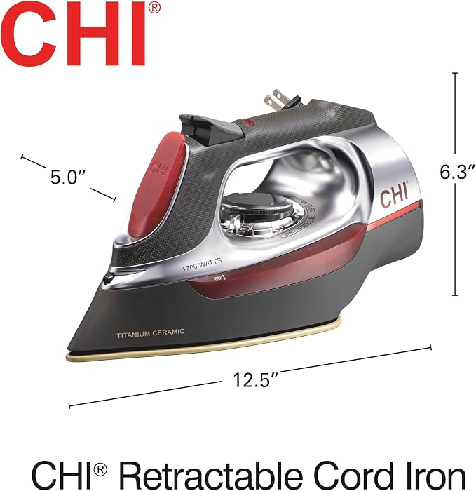 CHI Steam Iron for Clothes with Vertical Steam Burst, Professional Grade, Titanium Ceramic Soleplate, 400+ Steam Holes, 1700 Watts, 3-Way Auto Shutoff, 8' Cord