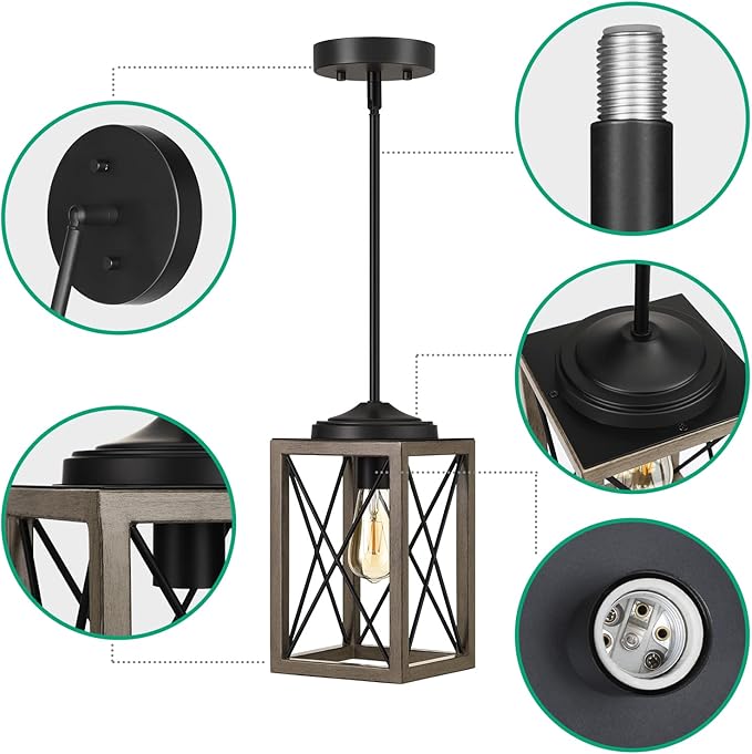DEWENWILS Pendant Light Fixtures, Metal Hanging Light Fixture with Wooden Grain Finish, 48 Inch Adjustable Pipes for Flat and Slop Ceiling, Kitchen Island, Bedroom, Dining Hall, E26 Base