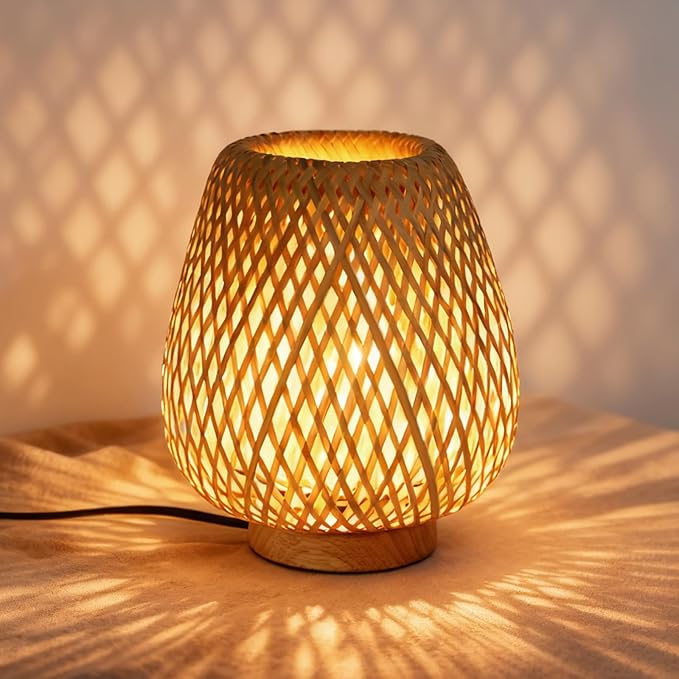 Boho Table Lamp with Double Layer Woven Shade Wood Base, Desk Bedside Small Rattan Lamps, 110V Plug, Dimmable E26 Socket (Bulb Included) for Living Room Night Stands Bedroom
