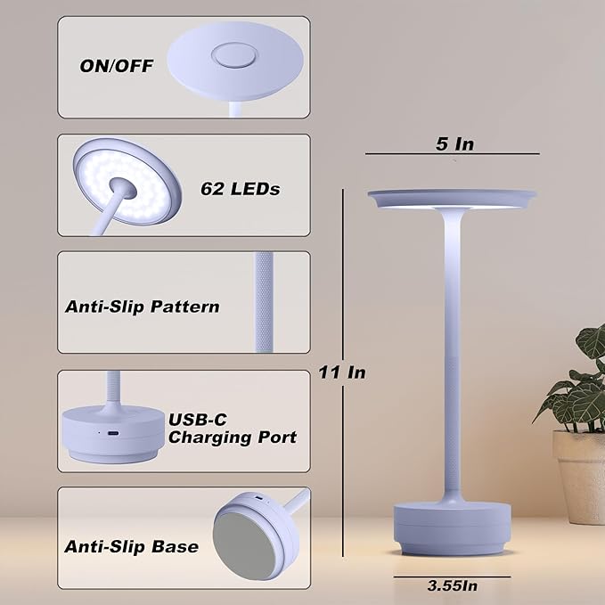 TBBGA 2 Pack Rechargeable Cordless Table Lamps, Portable 5000mAh Outdoor Table Light, 3 Color Stepless Dimming LED Table Lamp with Memory Function, for Home/Dinner/Patio/Restaurant.(Light Purple)