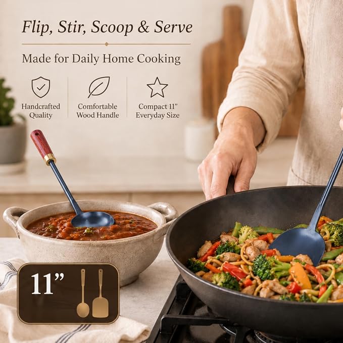 Calmabode 11” Hand-Forged Blued Iron Wok Spatula and Ladle Set | Hand-forged blued iron utensils with heat-resistant wood handles, ideal for wok cooking, stir-fry, sautéing and serving