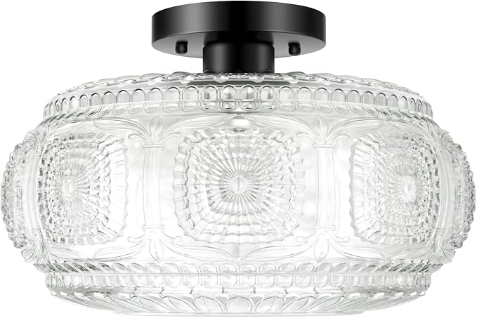Semi Flush Mount Ceiling Light, Upgraded 12 inch Larger Black Glass Ceiling Light Fixture, Vintage Lighting for Hallway Kitchen Bedroom Dining Room, Bulb Not Included