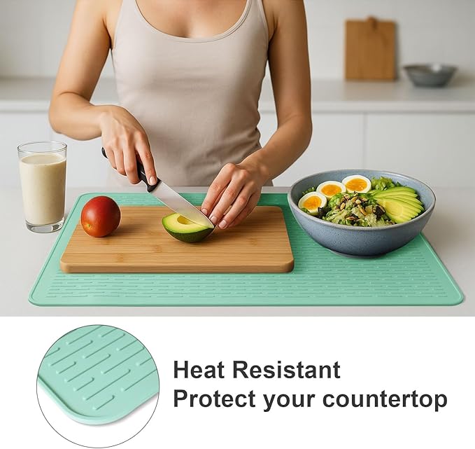 Stove Top Cover for Electric Stove - Food Grade Ceramic Stove top Cover, Silicone XXL Dish Drying Mat, Glass Cooktop Covers, Flat RV Range top Mats (Green Thickened,30x21)