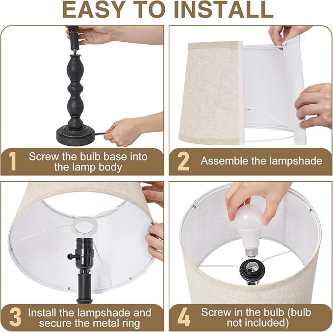 GyroVu 20.5" Table Lamps for Nightstand Set of 2, Farmhouse Lamps for Bedroom, Small Desk Lamps for Living Room, Linen Shades, Knob Switch, Bedside Lamps for Reading, Office (Black)