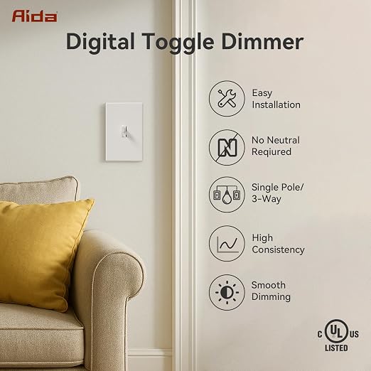 AIDA Digital Toggle Dimmer Switch for Dimmable LED, CFL & Incandescent Bulbs, Single Pole/3-Way, Screwless Wall Plate Included, UL Listed, No Neutral Wire Needed, Matte White (1 Pack)
