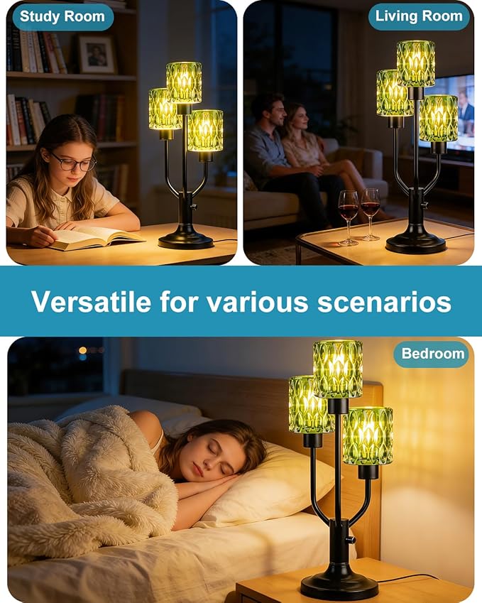 Mid Century Modern Table Lamp for Living Room Dimmable Nightstand Lamp Black Vintage Desk Lamp with Green Glass 3 Bulbs Included Warmwhite Ambient Bedside Lamps for Bedroom Office Home Decor