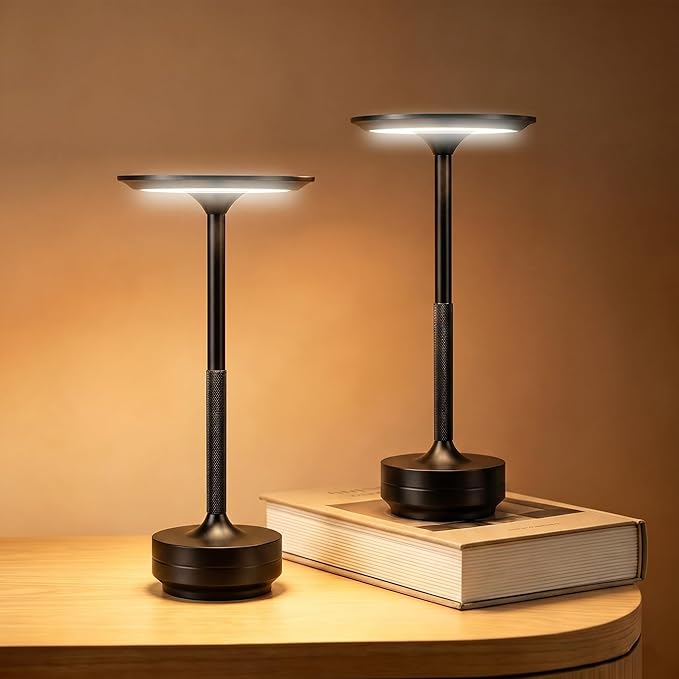 Rechargeable Cordless Table Lamp Set of 2, Portable Battery Operated LED Table Light, 3 Color Stepless Dimming with Touch Sensor for Outdoor Camping, Patio, café, Restaurant, Bars,Black