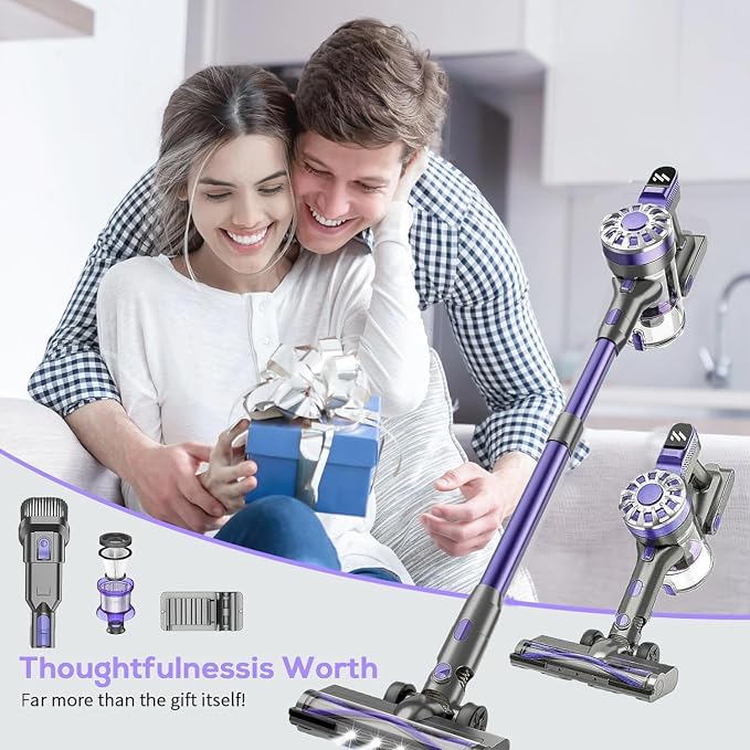 Cordless Vacuum Cleaner, 6 in 1 Lightweight Stick Vacuum with Rechargeable Battery, Handheld Conversion, LED Headlights & 180° Swivel Brush, for Hardwood Floor Carpet Pet Hair Stairs Car(Light Purple)