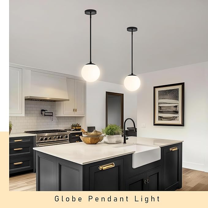 Bagood 6" Globe Pendant Light Black 2 Pack Mid Century Pendant Light Globe Pendant Lights Kitchen Island Matte Black Finished with Milk Glass Adjustable Ceiling Light Fixtures for Dining Room Bar