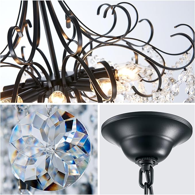 ANJIADENGSHI Crystal Chandelier K9 Crystal Lighting Chandelier for Living Room 10 E12 Bulbs High 27.6 in x Diameter 22.8 in, Black