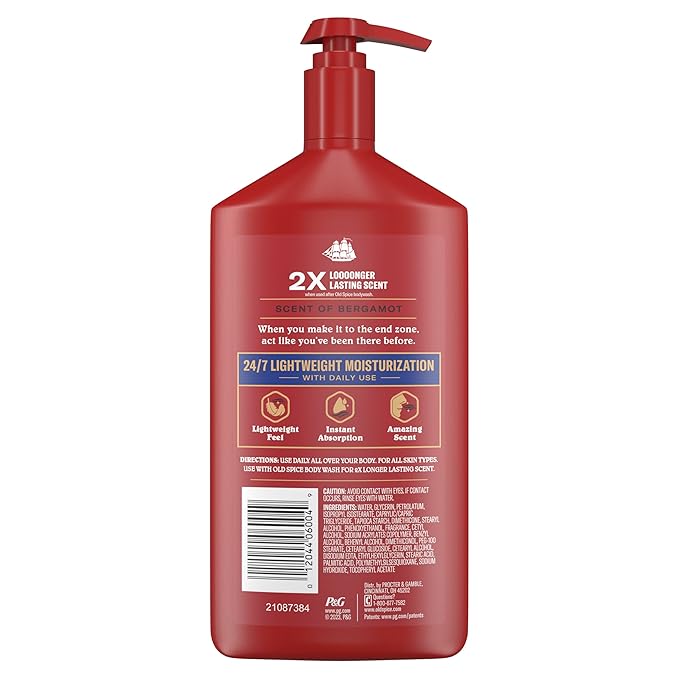 Lotion mains, visage et corps Old Spice pour homme, hydratation légère 24h/24 et 7j/7 avec un parfum incroyable, absorption instantanée, pour tous types de peau, Captain au parfum de bergamote, 473 ml