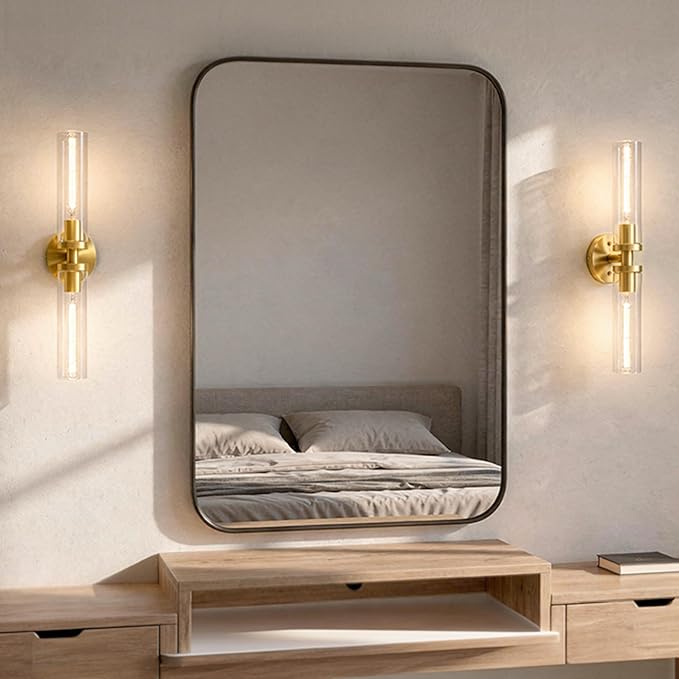 Wall Sconces 2-Pack, Hardwired Bathroom Light Fixtures, Modern Farmhouse Vanity Wall Lighting with Clear Glass Shades, E26 Base Wall Sconce Wall Lights for Bathroom Wall Decor, Gold