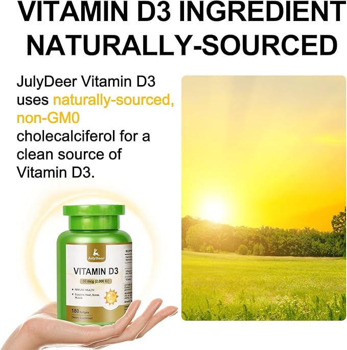 Vitamine D3 2000 UI (50 mcg) 180 gélules | Soutient la santé immunitaire, l'absorption du calcium et la solidité des os | Essentielle pour des os sains, sans gluten, 1 portion par jour pour la santé quotidienne
