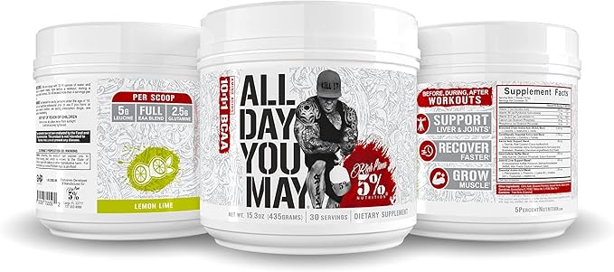 5% Nutrition Rich Piana AllDayYouMay BCAA Powder Premium Intra & Post Workout Amino Acids, Hydration, Endurance, Muscle Recovery, Joint & Liver (Lemon Lime)
