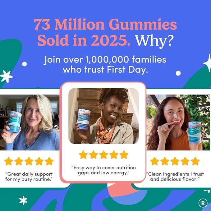 Gummies FIRST DAY pour le cerveau des femmes, pour la concentration, la mémoire et la clarté | Cognizin® Citicoline + Phosphatidylsérine | Énergie naturelle durable, saveur pêche, végétalien, sans OGM | 30 jours de traitement