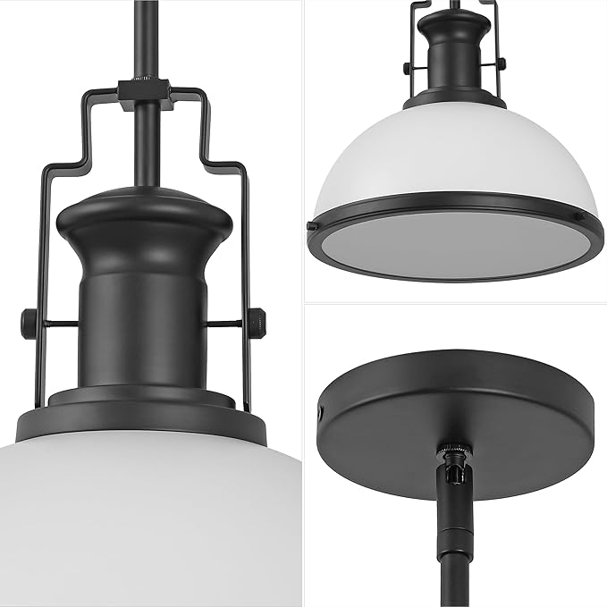 JONATHAN Y 13" Matte Black/White Modern Industrial Iron LED Dome Pendant Light, Adjustable Hanging Fixture for Kitchen Island or Entryway, White Metal Shade, LED Bulb Included (JYL9536E)