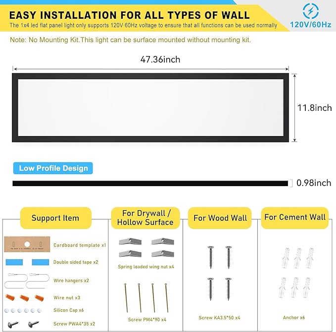 AIKVSXER 24PACK 1x4 LED Flat Panel Light Surface Mount LED Ceiling Light, 5500LM 50W TRIAC 10-100% Dimmable, 3000/4000/5000k AC120V Kitchen Lights Ceiling Flush Mount for Garage/Basement Black