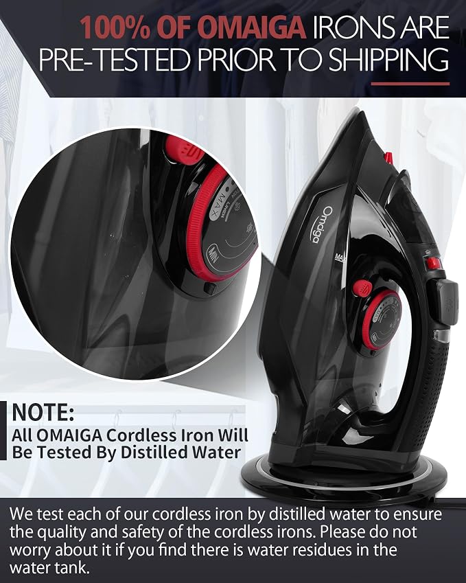 OMAIGA Cordless Iron for Clothes, 1500W Steam Iron Rapid Heating, Ceramic Soleplate, Auto Shut Off, Self-Clean, Anti-Calc, 3 Temperature Settings, 11.84oz Water Tank Ironing Clothes for Home, Black