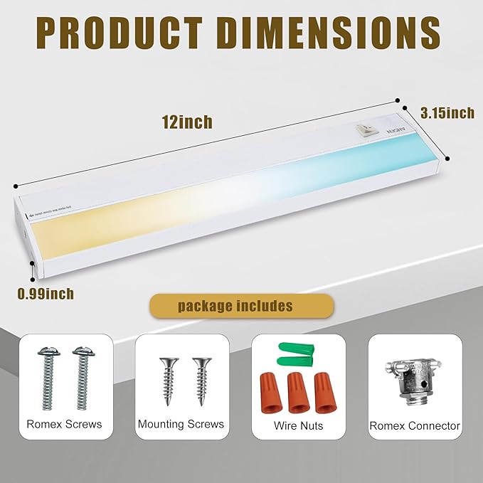 Ansen Hardwired Under Cabinet Lighting, 12in 10W LED Light for Kitchen/Closet, 666.7lm, CRI>92, R9>90, Dimmable, 5 Color Temperature, 2700K-5000K(Warm White, Cool White, Daylight)