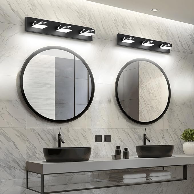 Joosenhouse Modern Black LED Vanity Light for Bathroom, 3-Light Makeup Mirror Light, 24W 6000K Cool White Lighting Fixture