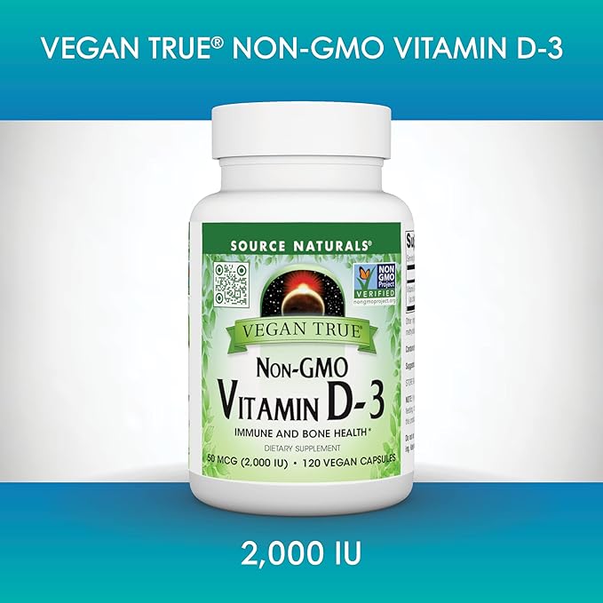 Source Naturals Vegan True, Vitamine D-3 sans OGM, Complément Alimentaire pour la Santé Immunitaire et Osseuse*, 2 000 UI - 90 Gélules